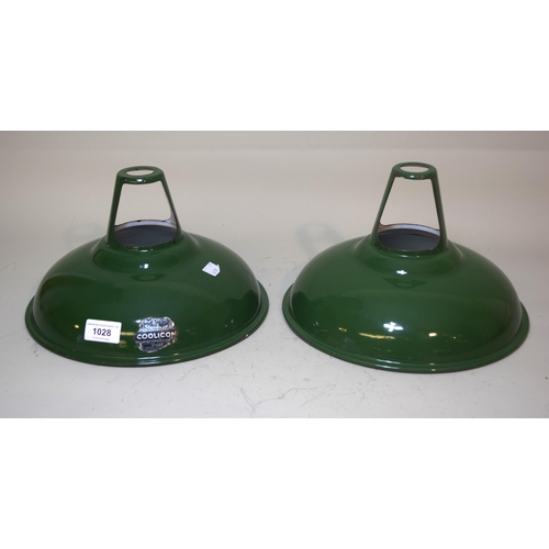 1028 - Pair of green enamel ' Coolicon ' hanging lamps, 28cm diameter