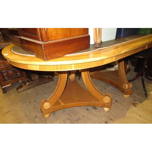 1113 - Mid to late 20th Century honey oak and sycamore crossbanded twin pedestal D-end dining table, raised... 