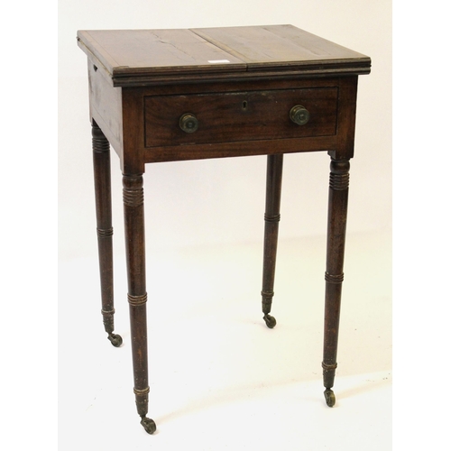 1233 - Unusual Regency mahogany writing / work table, the bi-fold top above a single frieze drawer with bla... 