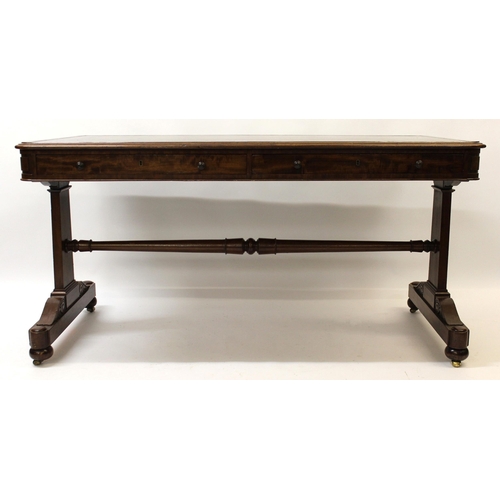 1313 - Good quality William IV mahogany stretcher writing table, the red leather inset moulded top above tw... 