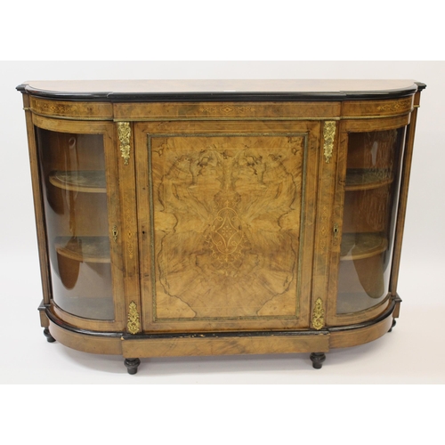 1354 - Victorian figured walnut inlaid and gilt metal mounted credenza, the moulded top above a central pan... 