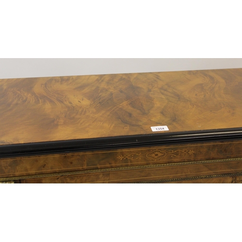 1354 - Victorian figured walnut inlaid and gilt metal mounted credenza, the moulded top above a central pan... 