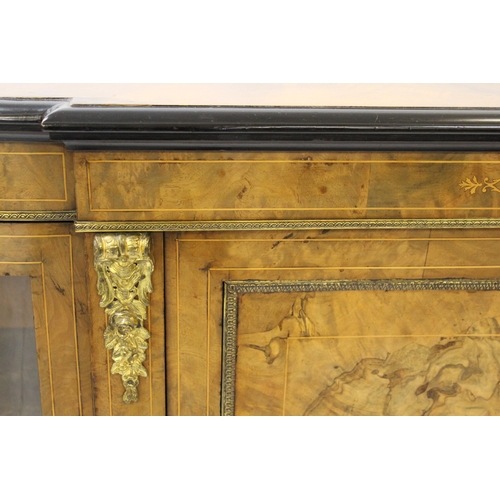 1354 - Victorian figured walnut inlaid and gilt metal mounted credenza, the moulded top above a central pan... 