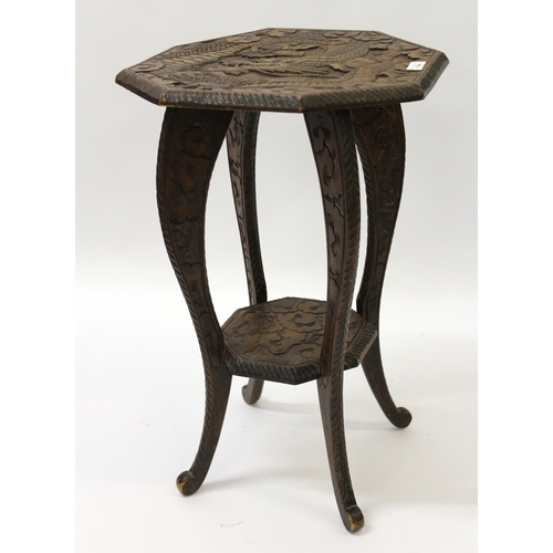 1396 - Early 20th Century octagonal two tier occasional table, the top carved with a dragon (retailed by Li... 