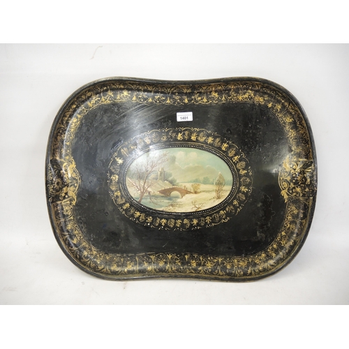 1401 - 19th Century toleware tray with central panel painted, with a winter landscape and gilded borders