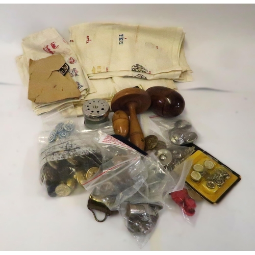 102 - Quantity of sewing related items including a treenware egg form needle case and a quantity of embroi... 