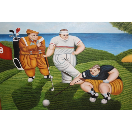 20th Century oil on canvas, golfers on the 18th green, 50 x 60cm, gilt framed