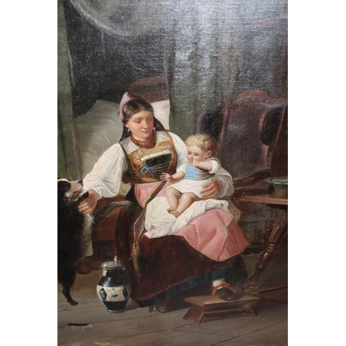 19th Century, oil on canvas, interior scene with mother, child and dog, 45 x 36cm