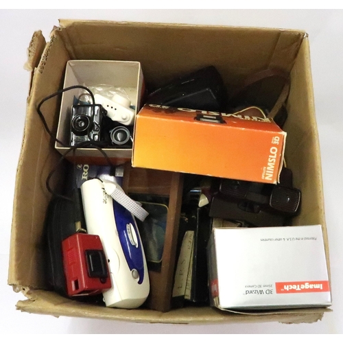 111 - Box containing a quantity of various novelty cameras, two boxed 3D cameras, miniature cameras etc.