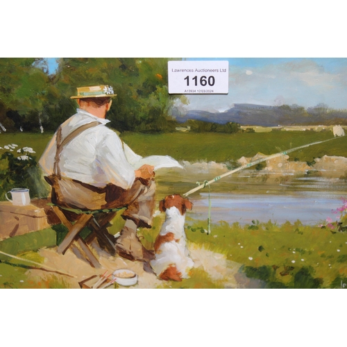 John Haskins, acrylic, ' Out For The Day ', fisherman with his dog on a riverbank, signed, 19 x 32cm, gilt framed
