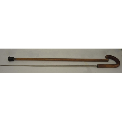 120B - Antique Malacca swordstick, two riding crops with antler handles and two other sticks