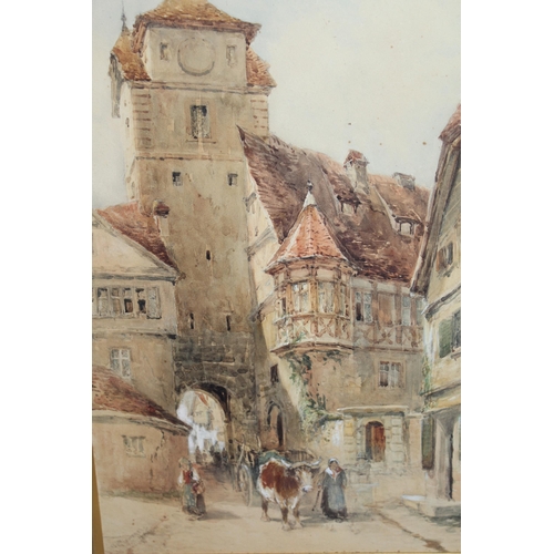 William Bingham McGuinness, watercolour, figures going to market in a North European city street scene, signed, 58 x 34cm, gilt framed