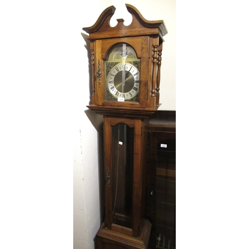 Reproduction mahogany grandmother clock with brass and silvered dial, pendulum and weights, 186cm high