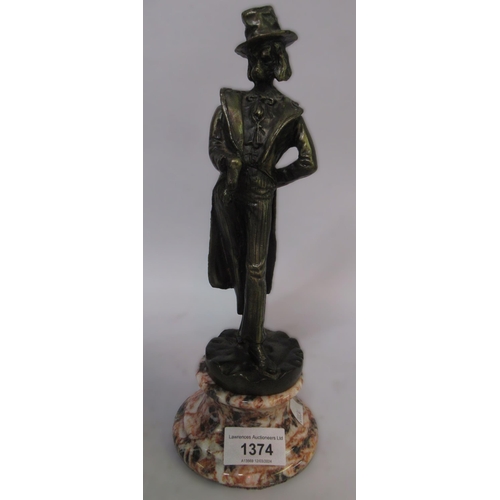 1374 - Modern patinated novelty bronze figure of a dog dressed as a Victorian gentleman on marble plinth, 2... 