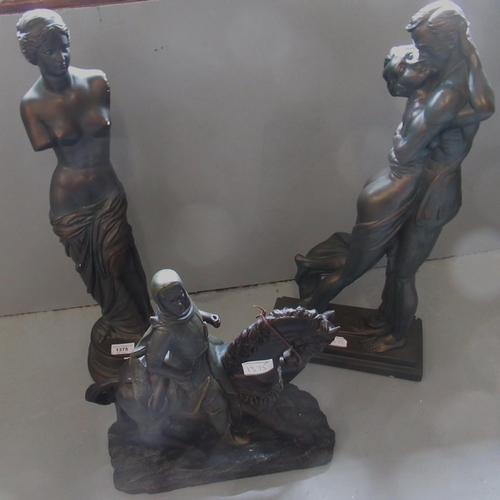 1375 - Group of three brown patinated composite figures, ' Venus de Milo ', ' The Lovers ' and man on horse... 