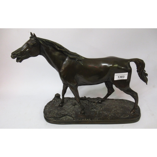 1383 - Patinated bronze figure of a horse on a naturalistic cast base, inscribed P.J. Mene, 1856, 29cm high... 