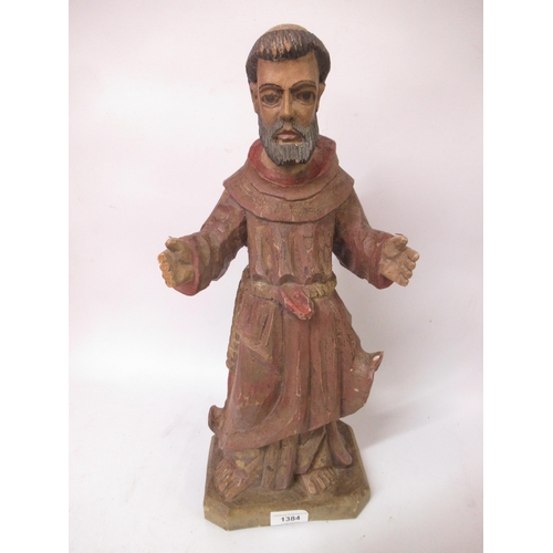 1384 - 19th Century painted and carved wooden figure of Saint Francis (damage to fingers), 44cm high