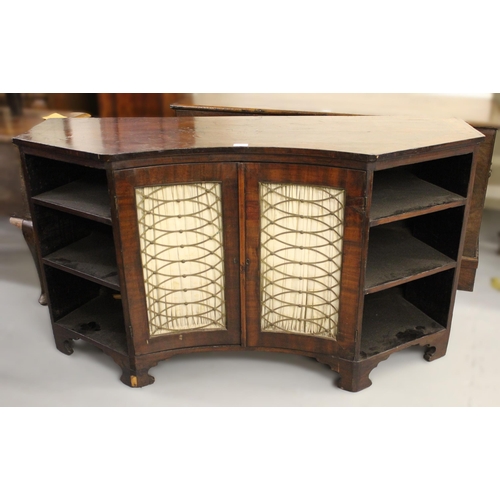 19th Century mahogany line inlaid inverted dwarf bookcase with brass grilled and pleated silk doors on shaped bracket feet, 77cm high x 140cm wide x 50cm deep