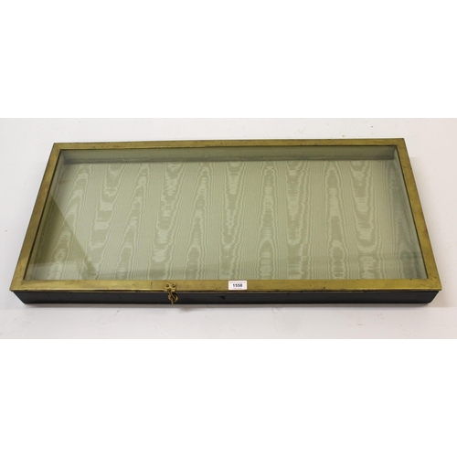 20th Century table top shop display case, the brass framed and glazed top fitted to an ebonised box base, 92 x 43 x 8cm deep