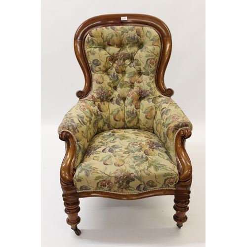 1716 - Victorian mahogany and button upholstered drawing room armchair covered in a modern fruit pattern fa... 