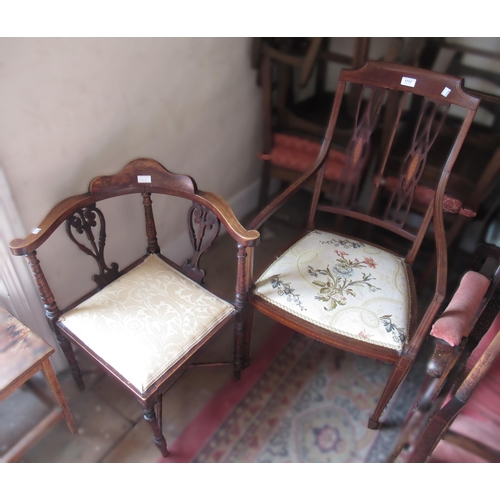 1717 - Edwardian mahogany and inlaid open armchair together with a similar corner chair