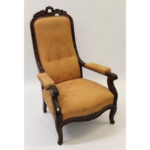 1725 - Victorian mahogany open arm drawing room chair with carved and pierced surmount above scroll arms an... 