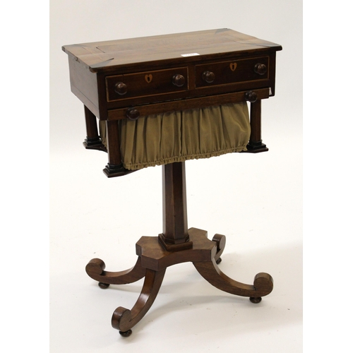 1727 - Small 19th Century mahogany, rosewood and ebony inlaid work table, the rectangular top above two sma... 