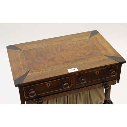 1727 - Small 19th Century mahogany, rosewood and ebony inlaid work table, the rectangular top above two sma... 