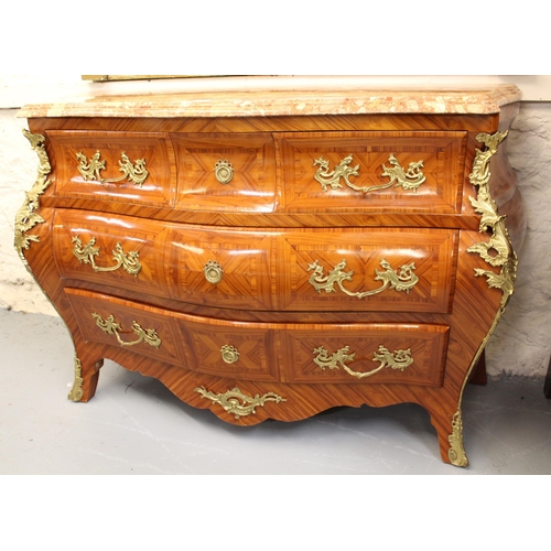 1734 - 20th Century French Kingwood and ormolu bombe commode in Louis XV style, with rouge marble top above... 