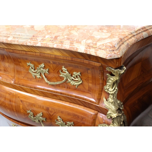 1734 - 20th Century French Kingwood and ormolu bombe commode in Louis XV style, with rouge marble top above... 