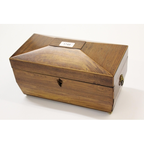 1749 - Regency rosewood sarcophagus shaped tea caddy, the hinged lid enclosing a three division interior wi... 