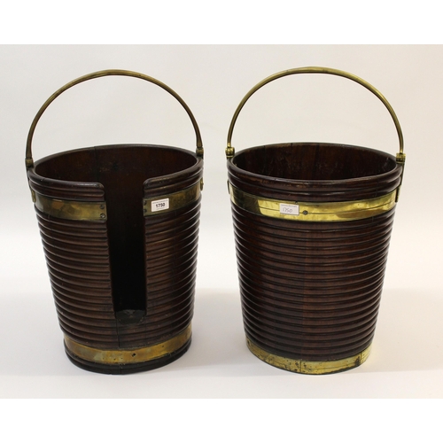 1750 - Near pair of George III Irish mahogany peat and plate buckets, the ribbed tapering bodies with brass... 