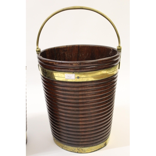 1750 - Near pair of George III Irish mahogany peat and plate buckets, the ribbed tapering bodies with brass... 