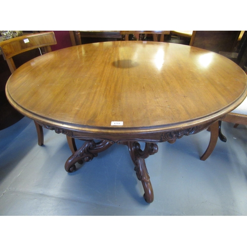 1753 - Circular mahogany centre table, the moulded top having ornately carved frieze and the base on C-scro... 