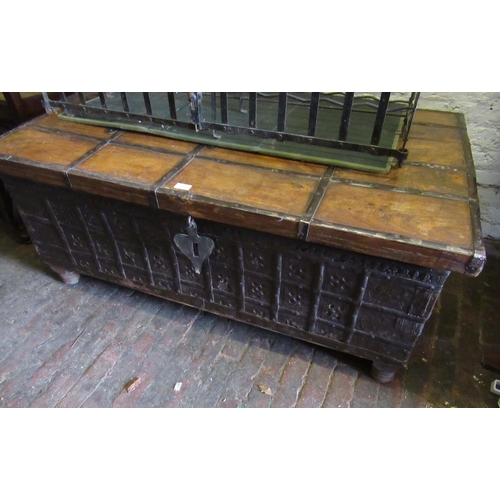 1754 - Indian Rajasthan teak and iron bound trunk, 130cm wide x 82cm deep x 54cm tall