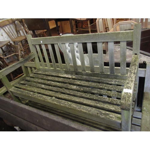 1767 - Small teak slatted garden two seat bench (weathered), 123cm wide x 57cm deep