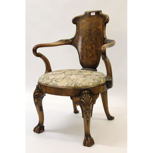 1778 - Early 20th Century walnut elbow chair in George II style, the shaped back with drop-in seat and shel... 