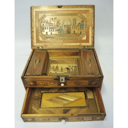 186 - 19th Century French prisoner of war straw work box, the hinged cover decorated with maritime scenes ... 