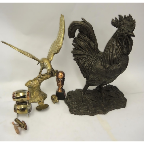 292 - Patinated cast resin  figure of a cockerel, brass figure of an eagle on a branch and a quantity of v... 