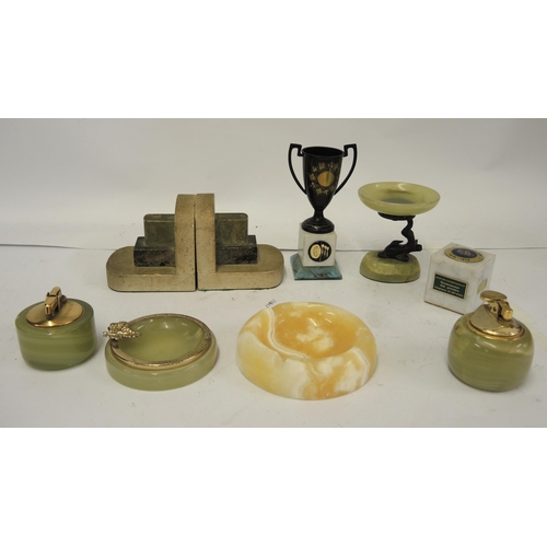 293 - Box containing a small collection of various onyx items including miniature comport and a pair of st... 