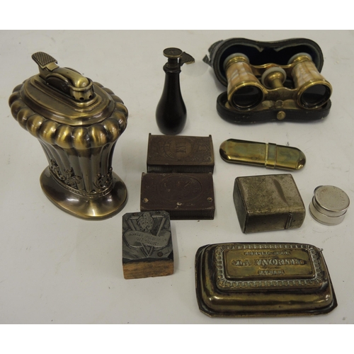 305 - Pair of mother of pearl and gilt brass opera glasses, two vesta cases, a curling iron heater and sun... 