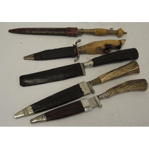 Three small knives with antler handles, two with Solingen blades and one with Gebruder Rauh blade, and two other small knives