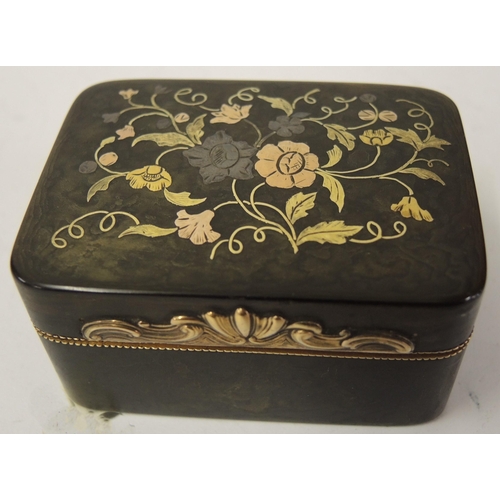 331 - 19th Century tortoiseshell pique work snuff box, the hinged lid inlaid with yellow and white metals ... 