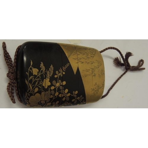 334 - Japanese Meiji period five section lacquer inro with gilt floral decoration, signed to the base, 8cm... 