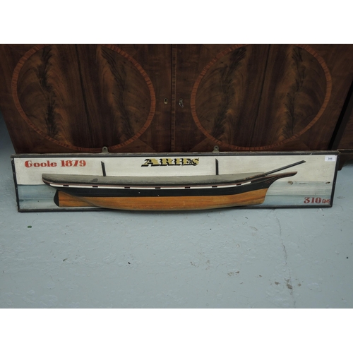 345 - 20th Century wooden half hull model ship, ' Aries Goole ', 117 x 22cm