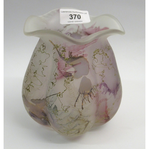 370 - Small Art glass vase of lobed baluster form with pink and trailed gilt decoration, 13.5cm high