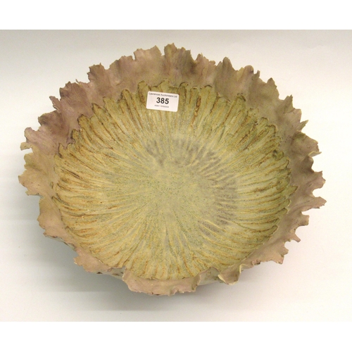 385 - Rosalie Johnson, studio pottery bowl of circular stylised flowerhead form, 32cm wide, signed to the ... 