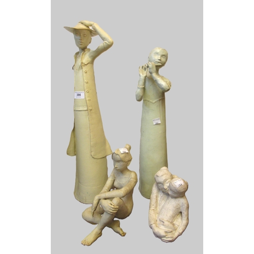 386 - Group of four studio pottery figures, the tallest of a lady holding a bonnet, 54cm high, the smalles... 