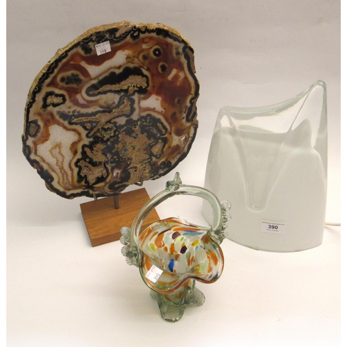 390 - Modern glass table lamp, specimen hardstone plaque on stand and an ' end of day ' glass basket