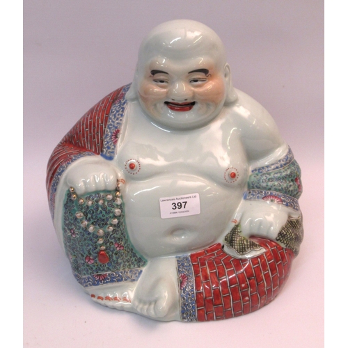 397 - Chinese porcelain figure of seated Buddha, signed with seal mark to base, 26cm high